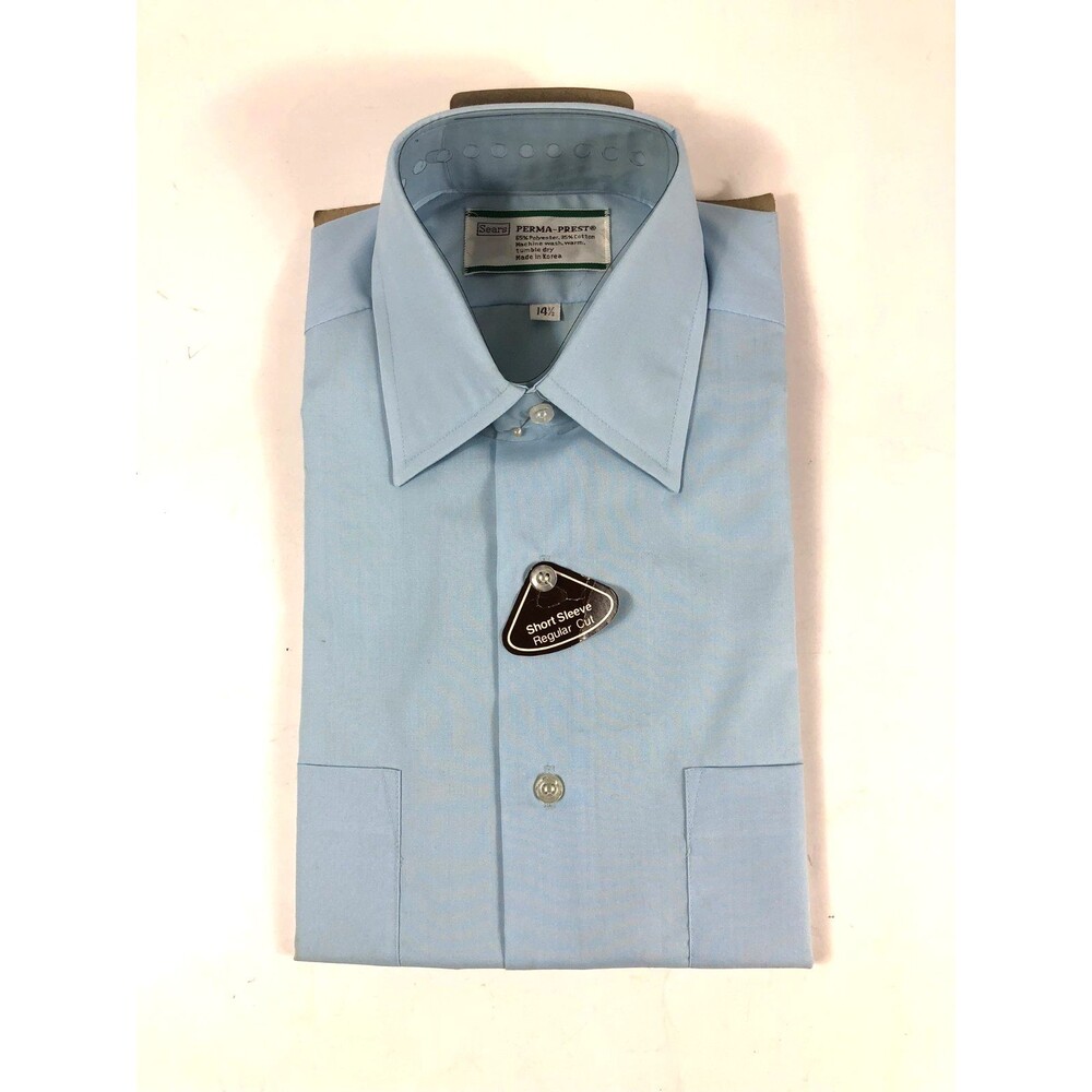 Vtg SEARS PERMA-PREST Short Sleeve Dress Shirt Blue 14 1/2 Reg Cut 65/35 NIP